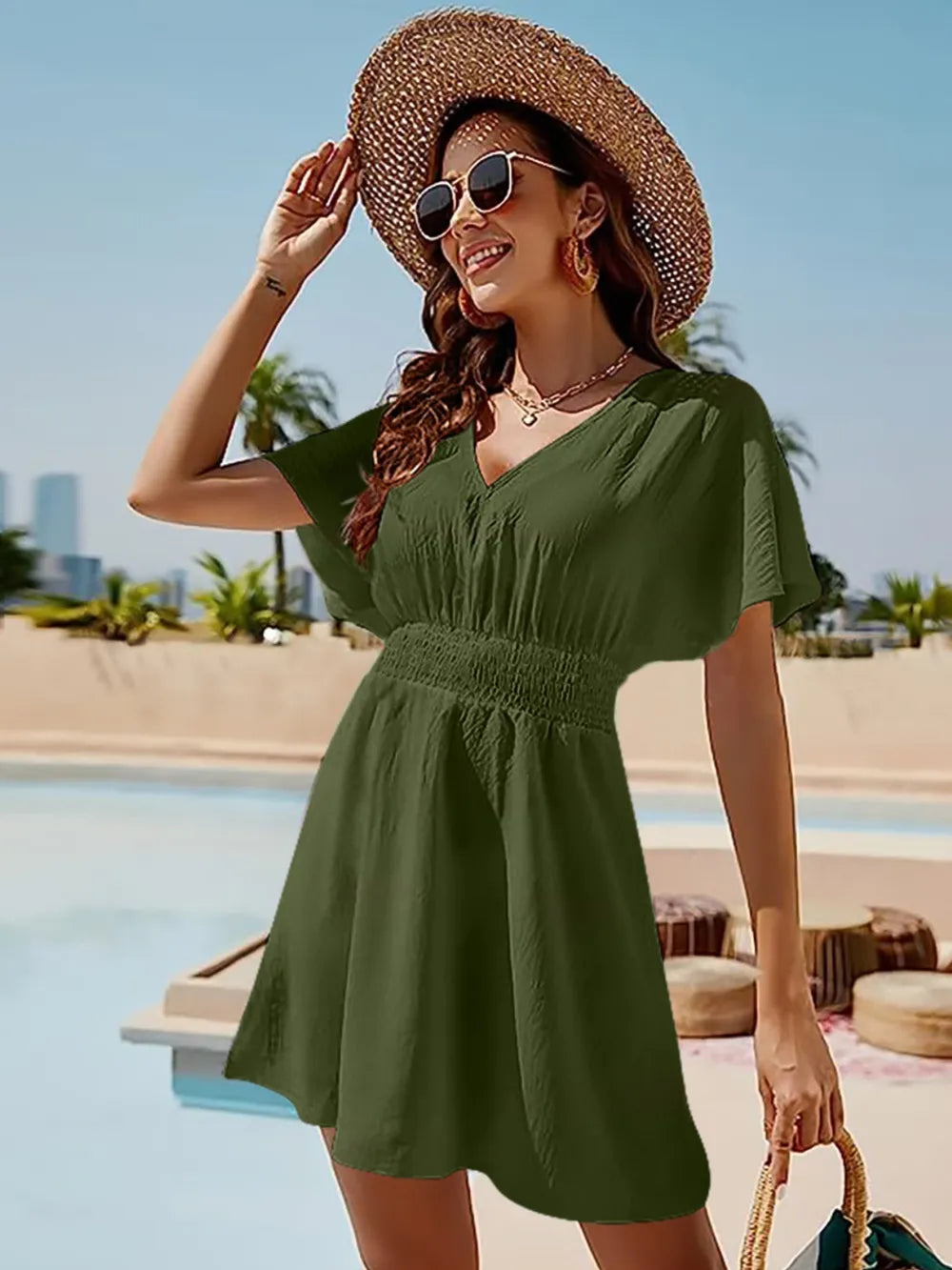 Smocked V-Neck Short Sleeve Dress Matcha Green OutfitFlow