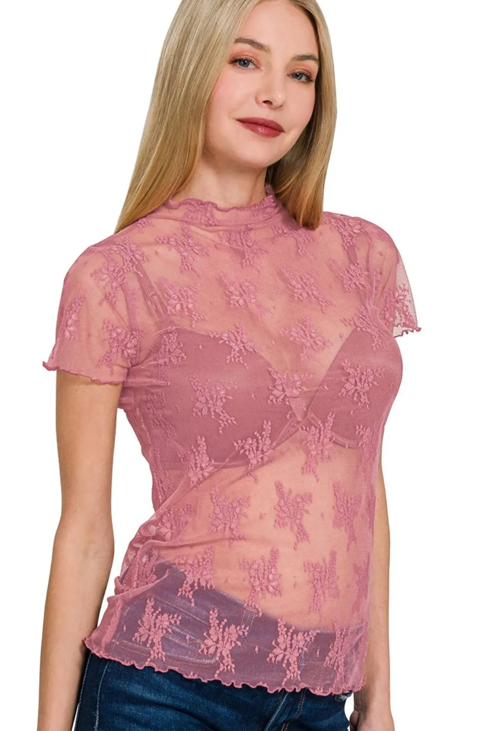 Zenana Lace See-through Layering Short Sleeve Top OutfitFlow