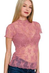Zenana Lace See-through Layering Short Sleeve Top OutfitFlow