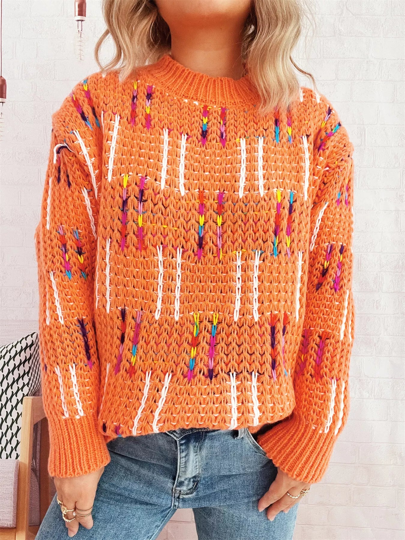 Colorful Round Neck Long Sleeve Sweater OutfitFlow