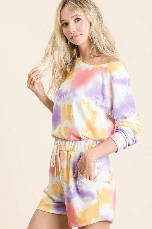 BiBi Tie Dye French Terry Top and Shorts Set OutfitFlow