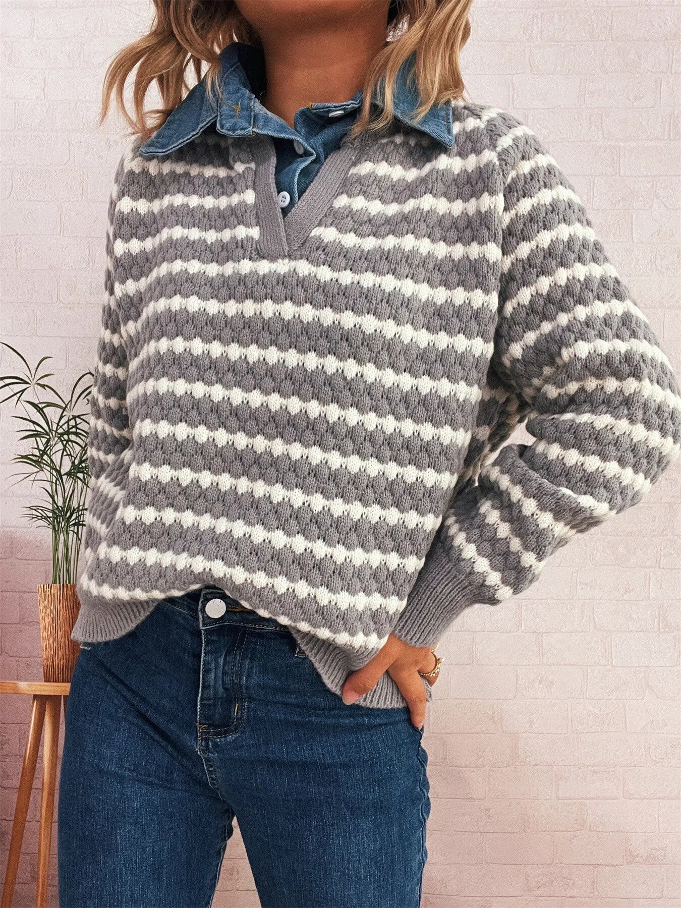 Contrast Striped Sweater with Denim Collar OutfitFlow