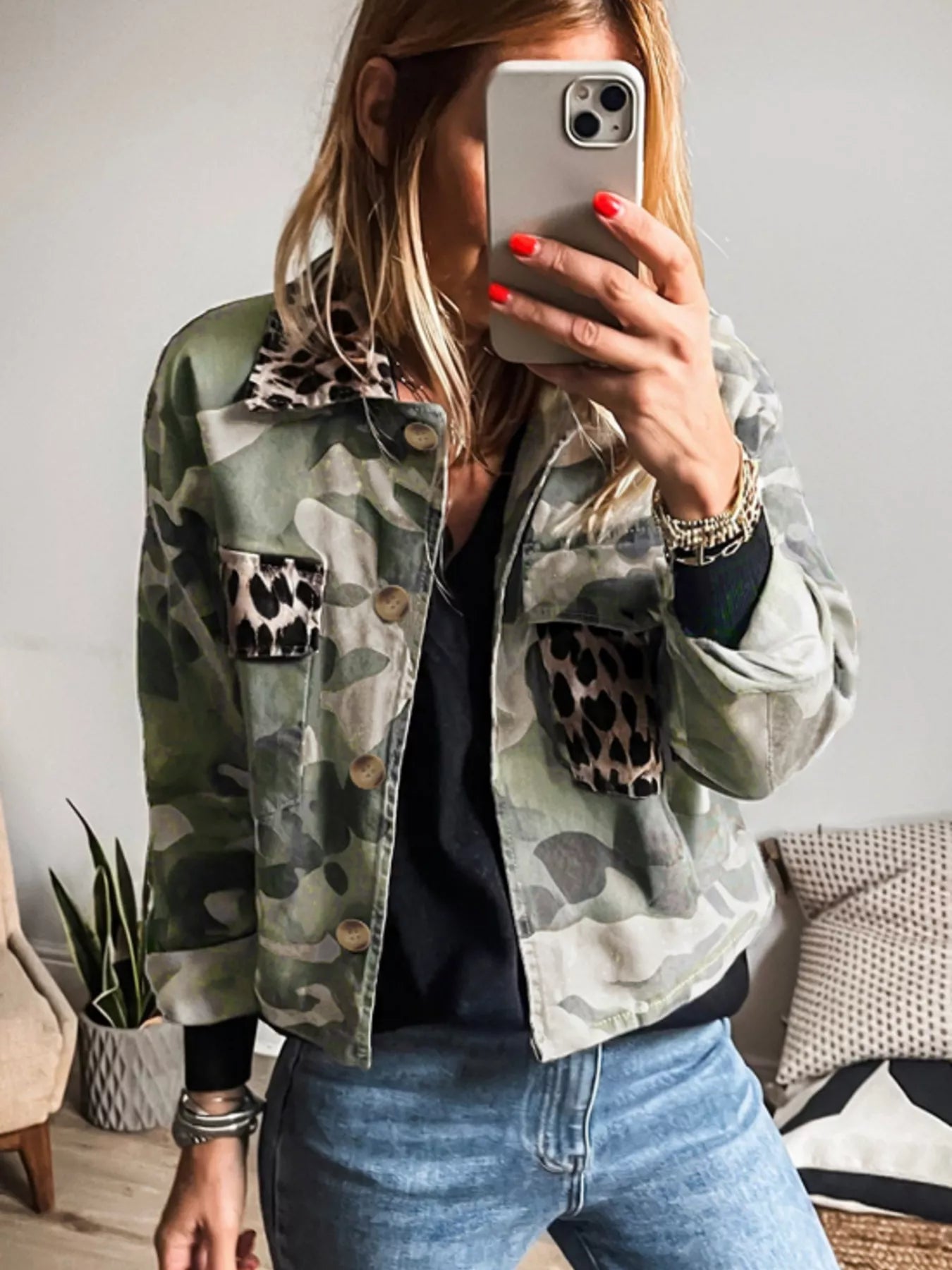 Camo Print Leopard Trim Button Up Jacket OutfitFlow