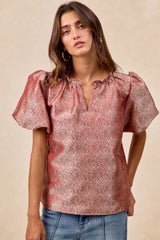 BiBi Jacquard Woven Short Balloon Sleeves V Neck Top RED OutfitFlow