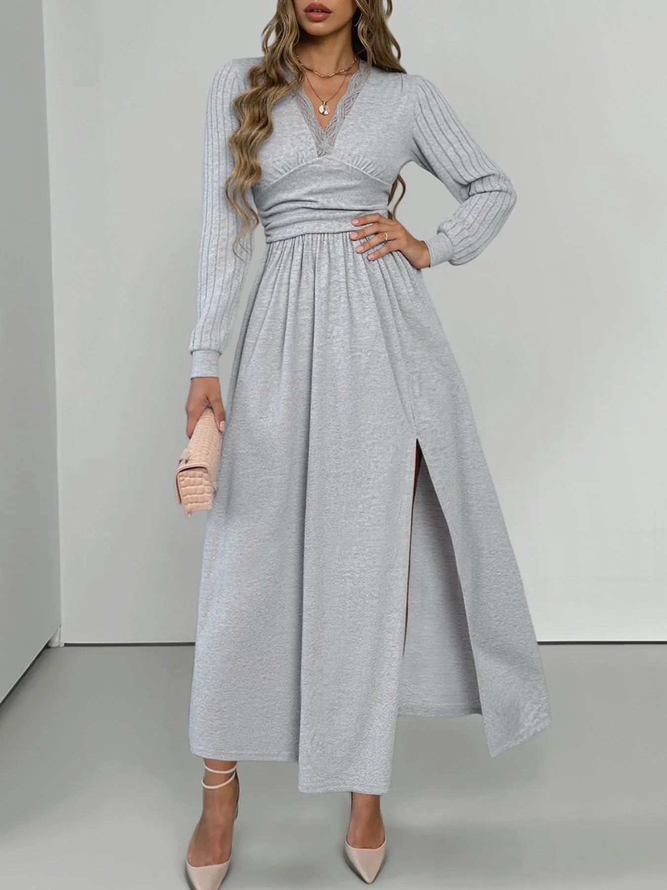 Lace Detail V-Neck Maxi Dress with Side Slit OutfitFlow