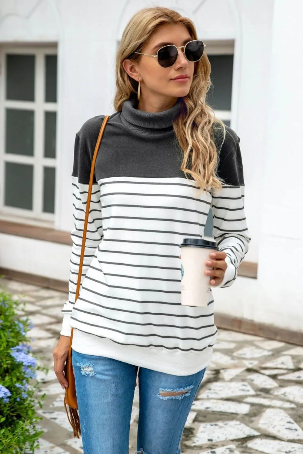 Striped Contrast Turtleneck Sweater OutfitFlow