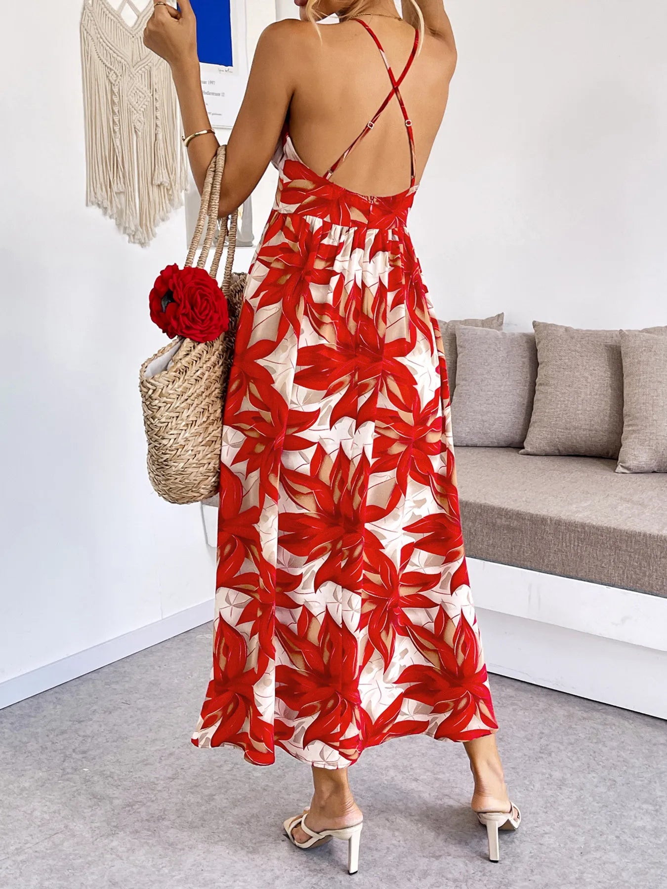 Crisscross Back Printed Midi Dress with Cutout Detail OutfitFlow