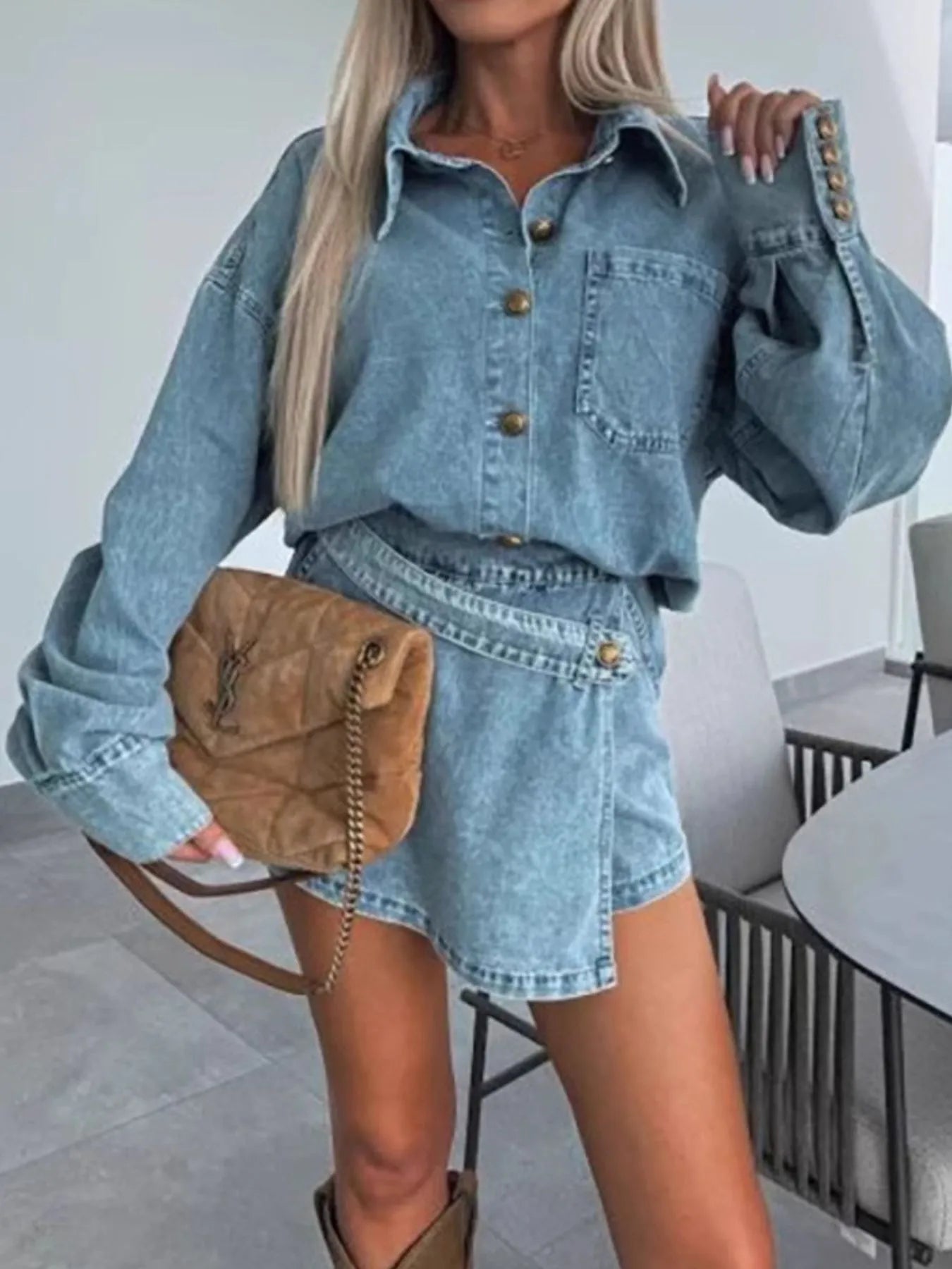 Button-Front Shirt and Mini Skirt Oversized Denim Set OutfitFlow