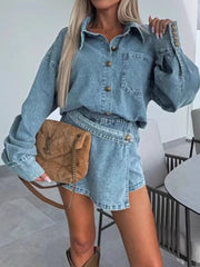Button-Front Shirt and Mini Skirt Oversized Denim Set OutfitFlow