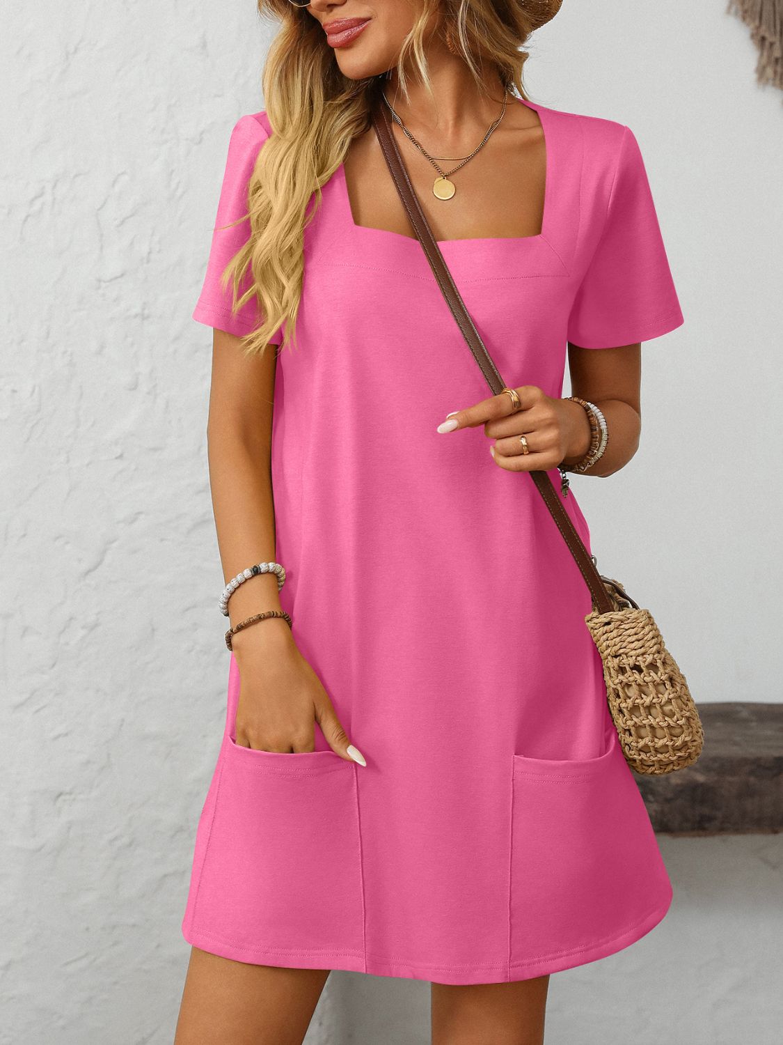 Mandy Square Neck Short Sleeve Mini Dress Fuchsia Pink OutfitFlow