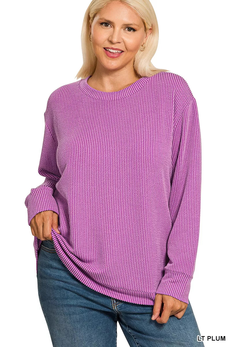 Zenana Full Size Raised Rib Round Neck Long Sleeve Top Plus Size OutfitFlow