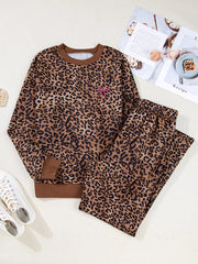 Leopard Print Contrast Trim Long Sleeve Top and Pants Set OutfitFlow