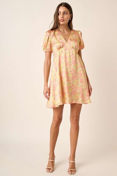 Mittoshop Printed V-Neck Puff Sleeve Mini Dress OutfitFlow
