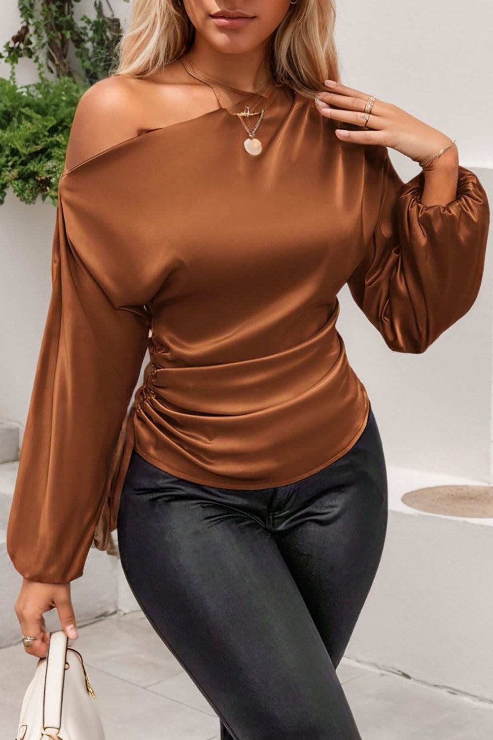Drawstring One Shoulder Long Sleeve Blouse Brown OutfitFlow