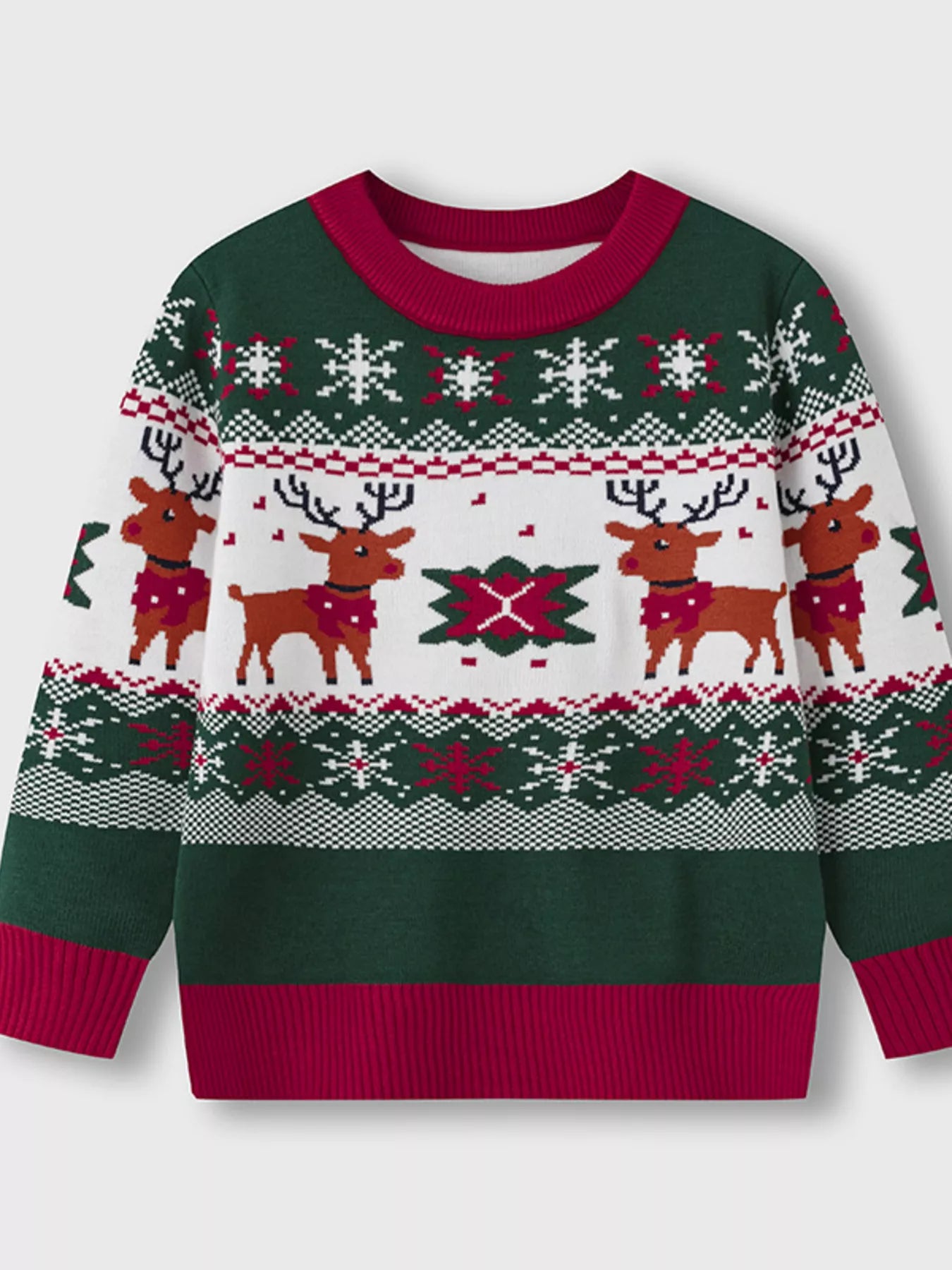 Children's Christmas Tree Round Neck Sweater Matcha Green OutfitFlow