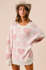 BiBi Heart Pattern Sweater with Pearl Detail LT PINK OutfitFlow