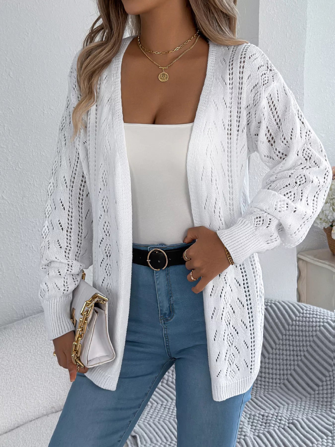 Openwork Open Front Cardigan OutfitFlow
