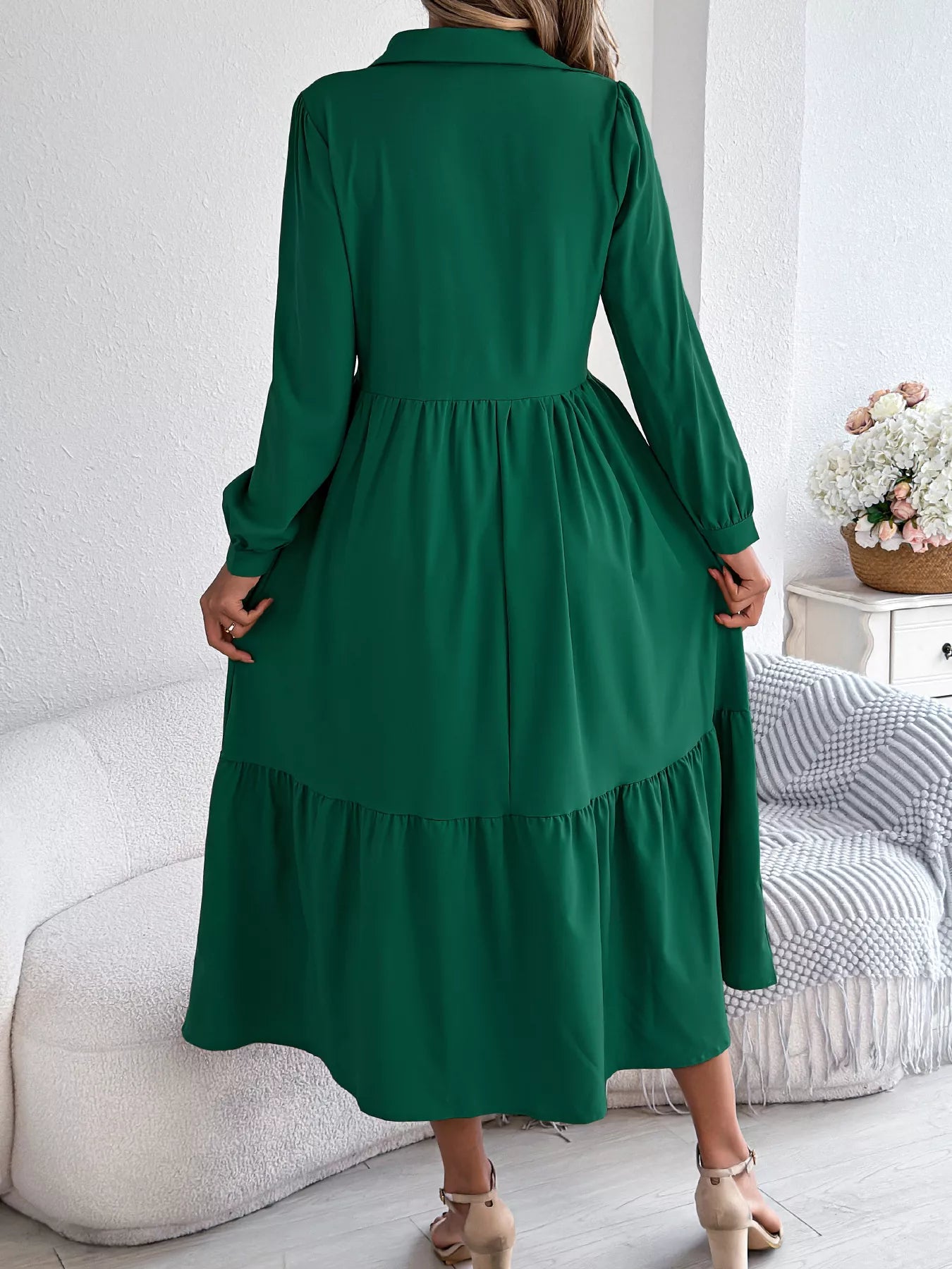 Long Sleeve Tiered Button Front Midi Dress OutfitFlow
