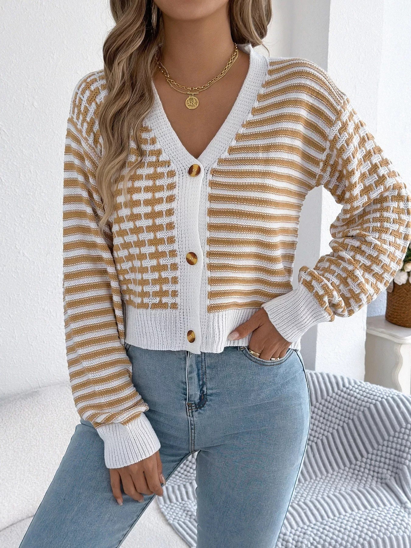 Striped Button-Up Cropped Cardigan OutfitFlow