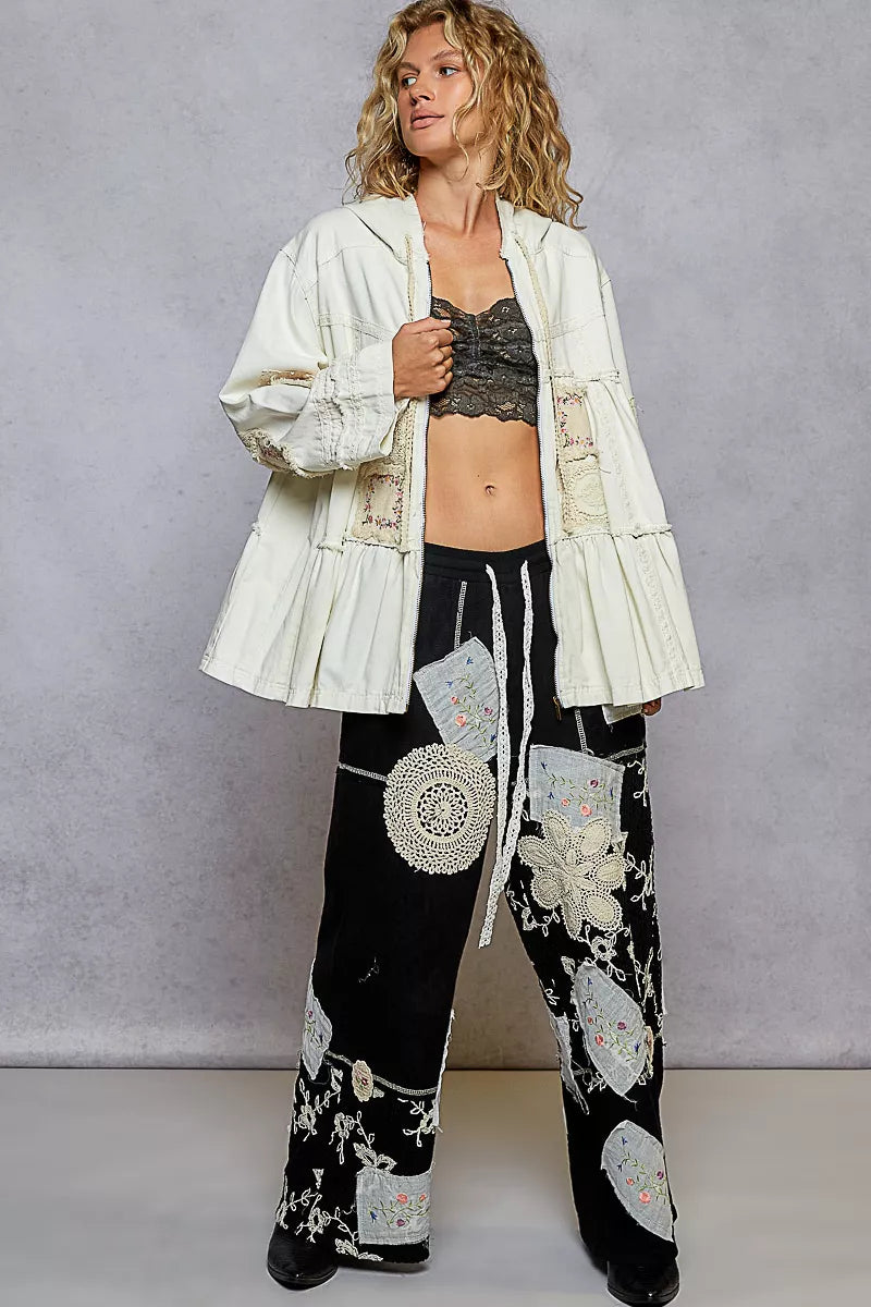 POL Embroidered Patch Hooded Jacket with Lace Detail OutfitFlow