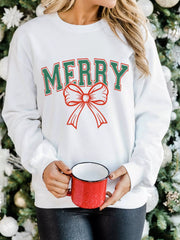 MERRY Bow Print Christmas Graphic Sweatshirt OutfitFlow