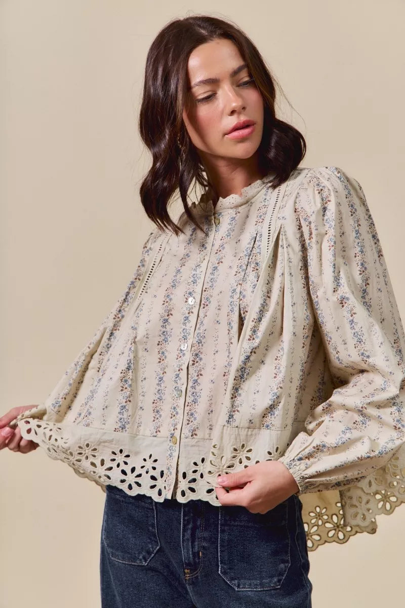 SO ME Floral Print Lace Button Down Shirt OutfitFlow