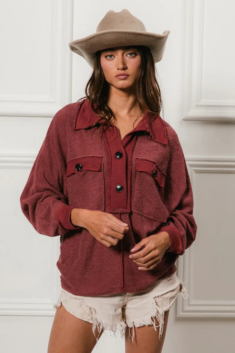 BiBi Cp French Terry Cut Edge Detail Collared Top OutfitFlow