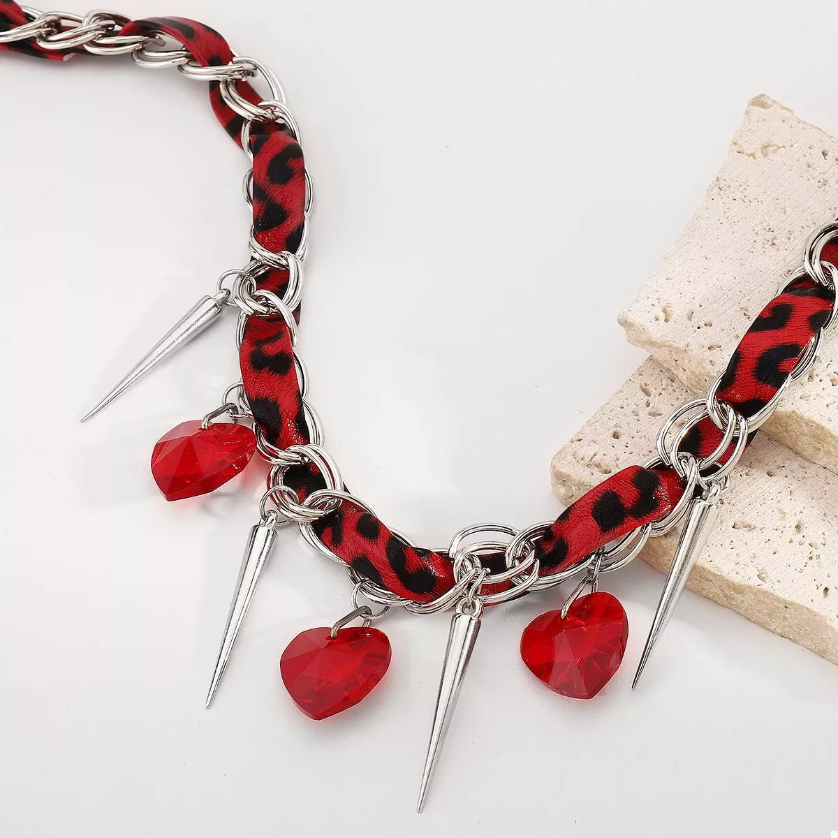 Heart Charm Choker Necklace with Metal Spikes OutfitFlow