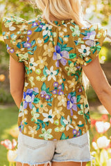 Floral Print Ruffle Cap Sleeve Tie Neck Top OutfitFlow