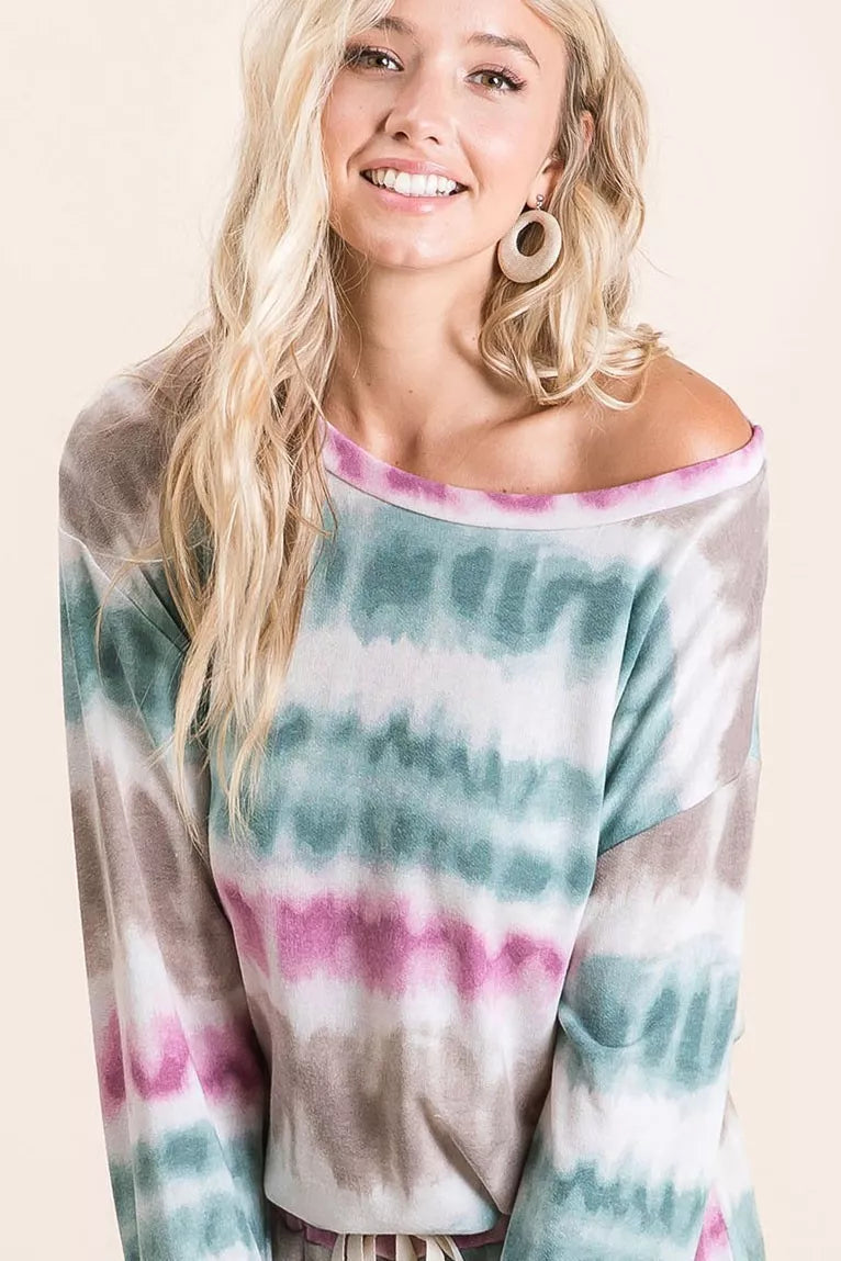 BiBi Tie Dye Print Terry Sweatshirt JADE FUCHSIA TAUPE Trendsi