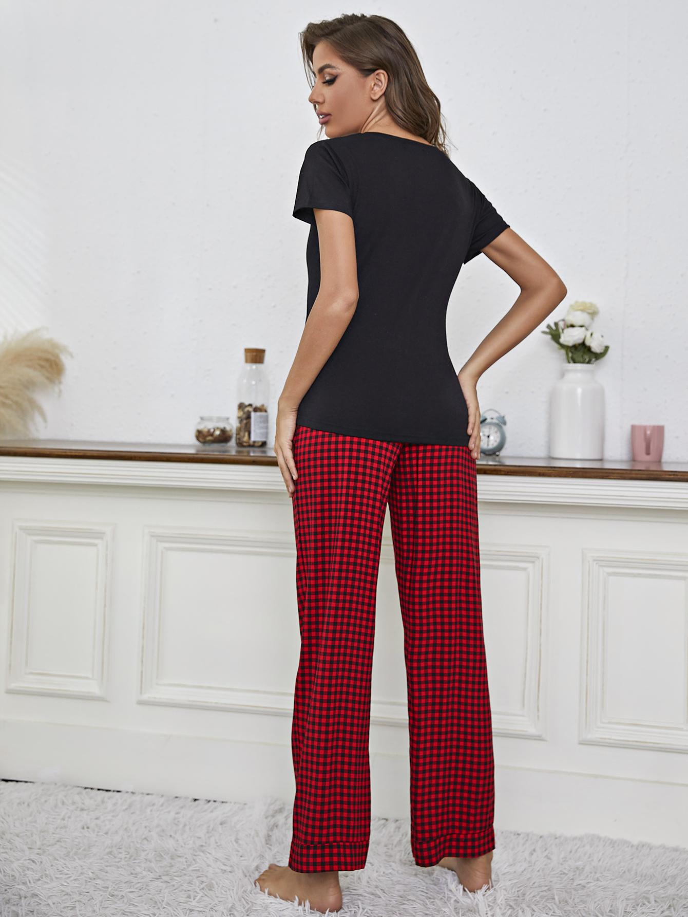 Outfit Flow - V-Neck Top and Gingham Pants Lounge Set