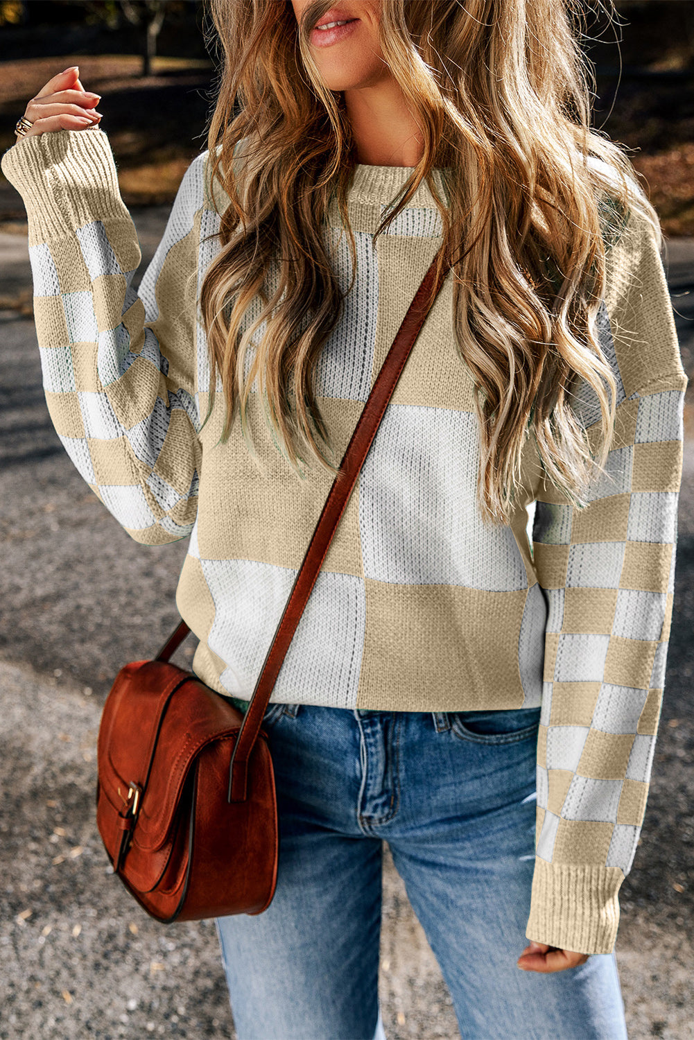 Outfit Flow - Checkered Round Neck Drop Shoulder Sweater