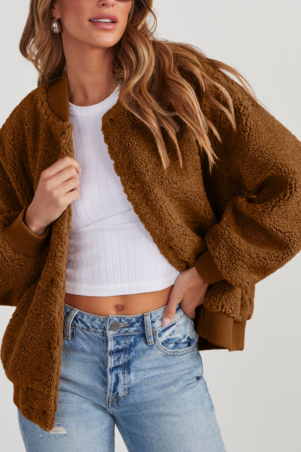 Outfit Flow - Baseball Collar Long Sleeve Sherpa Jacket