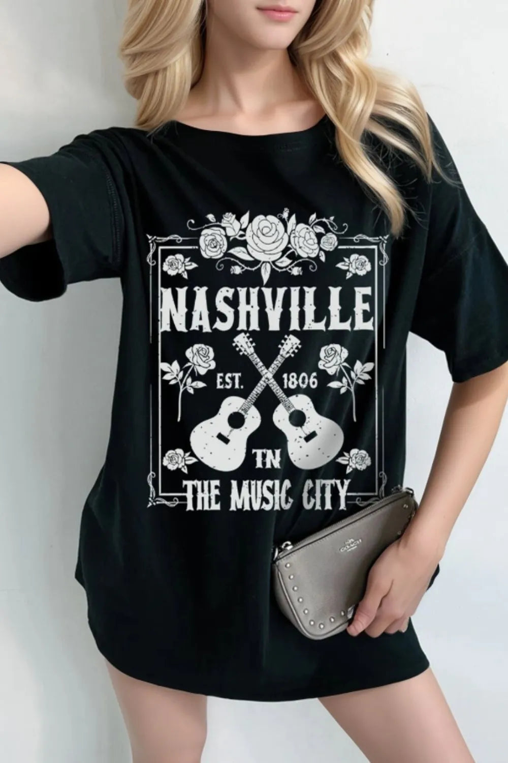 Graphic Round Neck Short Sleeve Oversized T-Shirt Black OutfitFlow