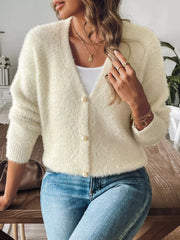 Fuzzy Knit V-Neck Cardigan OutfitFlow