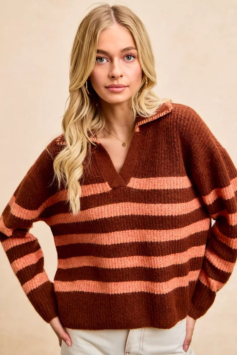 BiBi Striped Sweater Top with Collar Stitched Details Trendsi