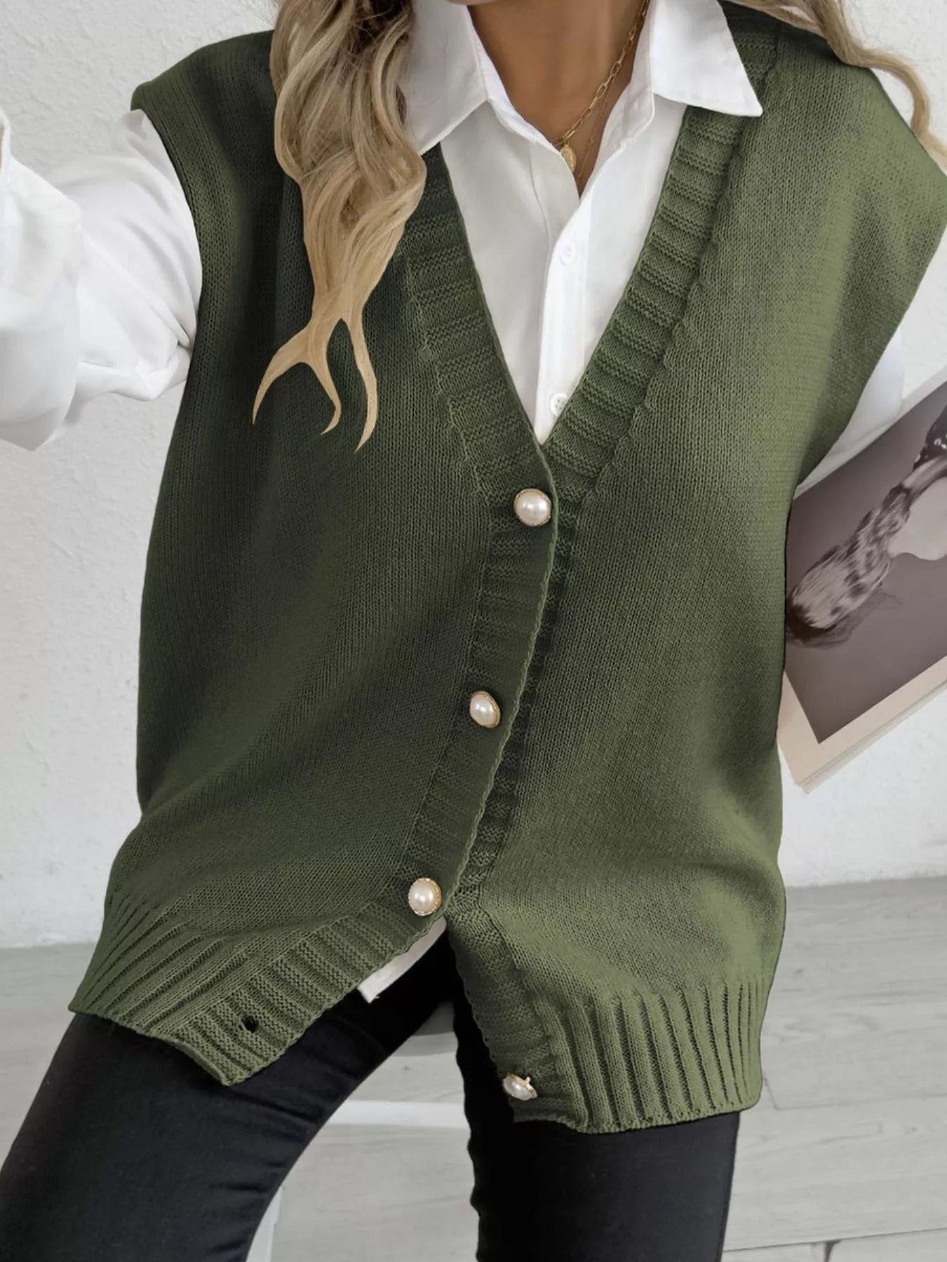 Button-Down Button Up Sweater Vest Moss One Size Trendsi