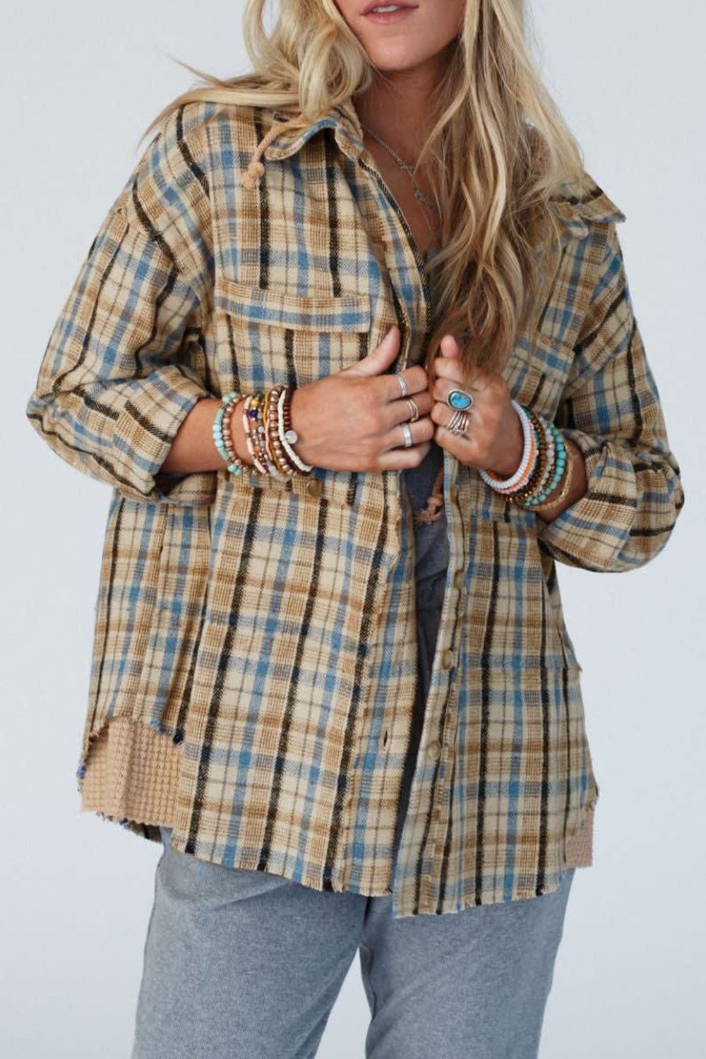 Outfit Flow - Drawstring Waffle Knit Patchwork Hooded Plaid Jackets