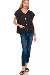 Zenana Button Down Sweater Vest with Front Pockets OutfitFlow