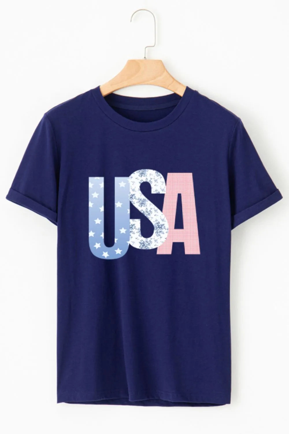 USA Letter Round Neck T-Shirt OutfitFlow