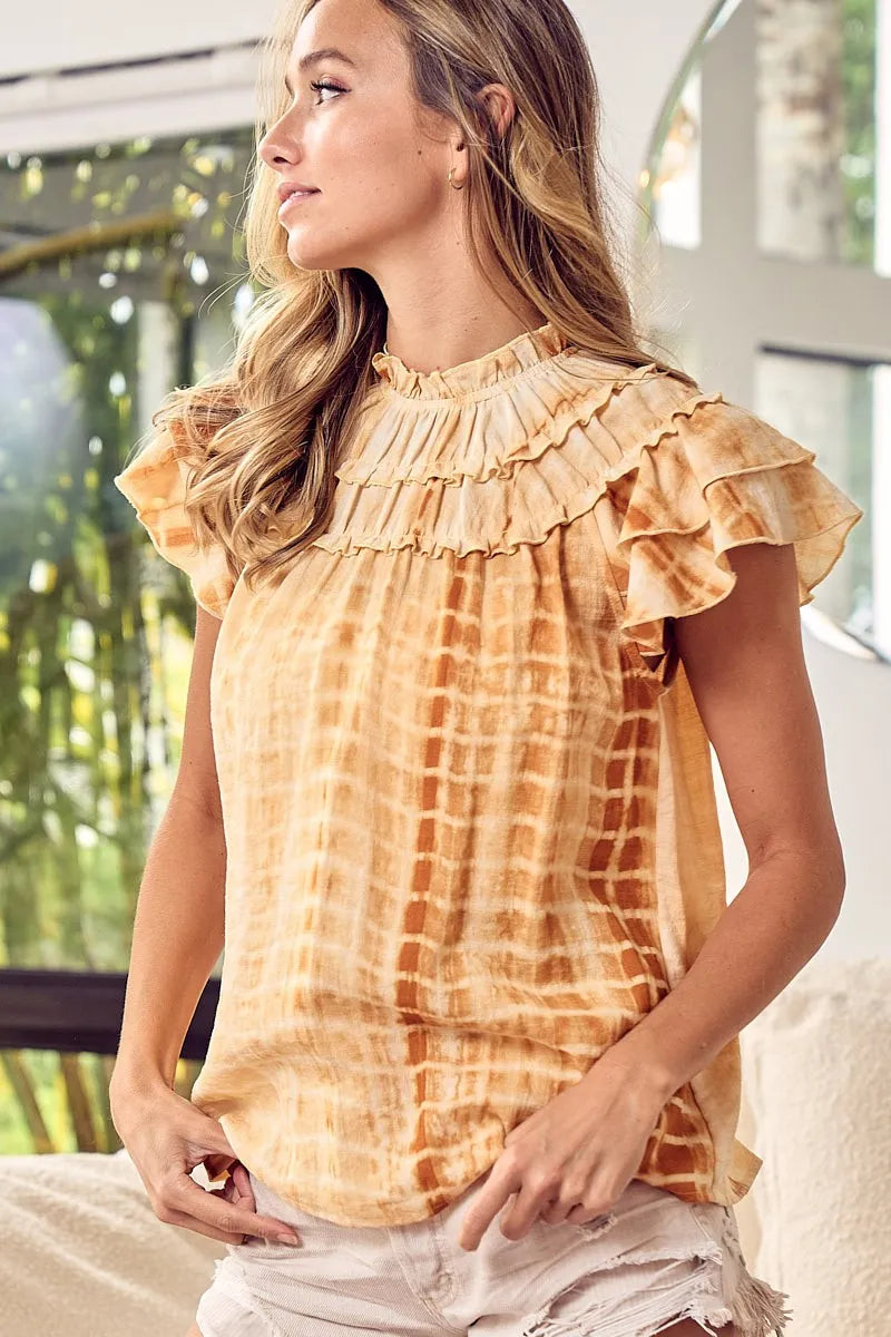 BiBi Tiered Ruffle Neck Tie Dye Top OutfitFlow