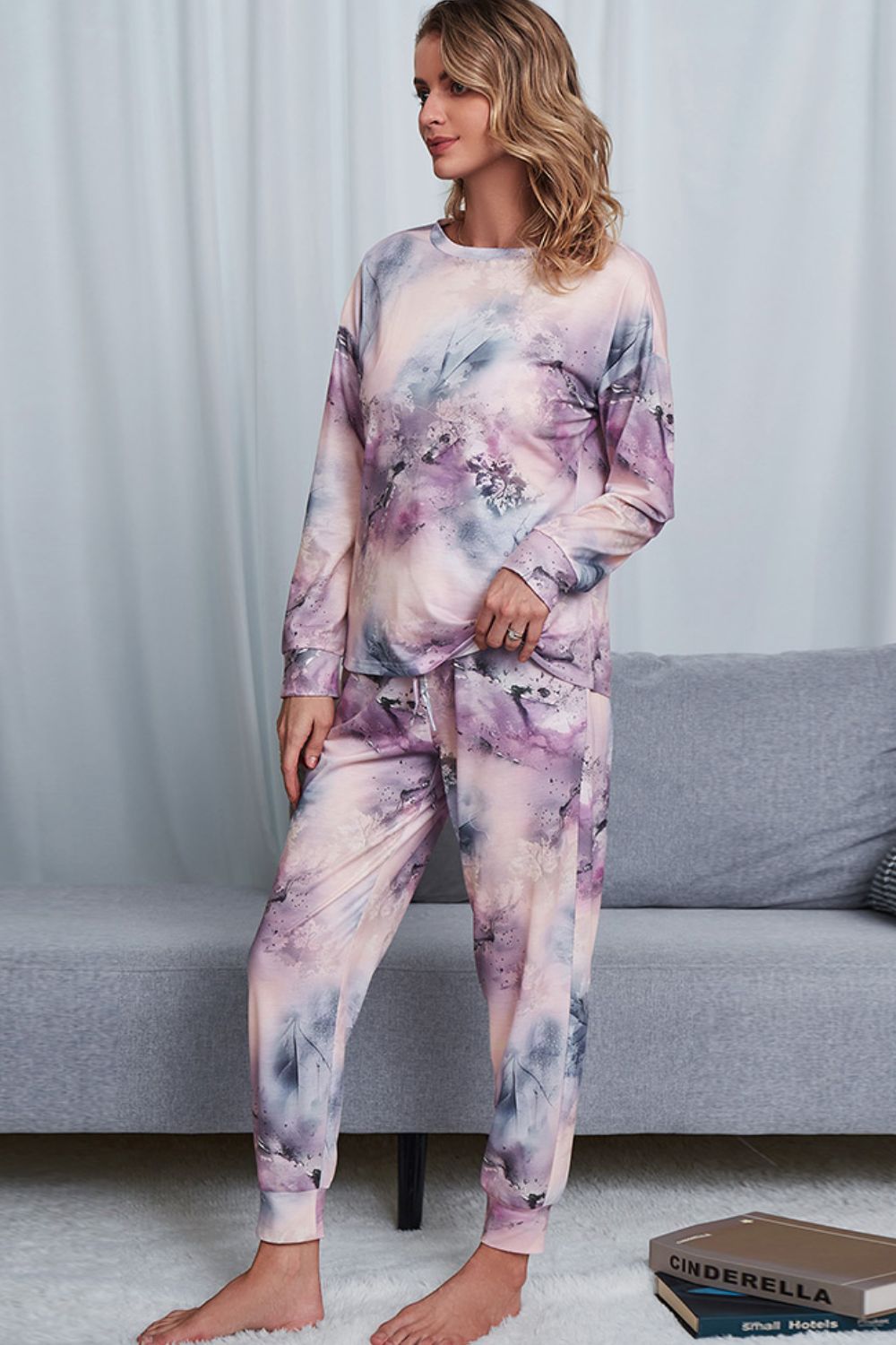 Outfit Flow - Shiny Tie-Dye Crewneck Top and Drawstring Waist Joggers Lounge Set