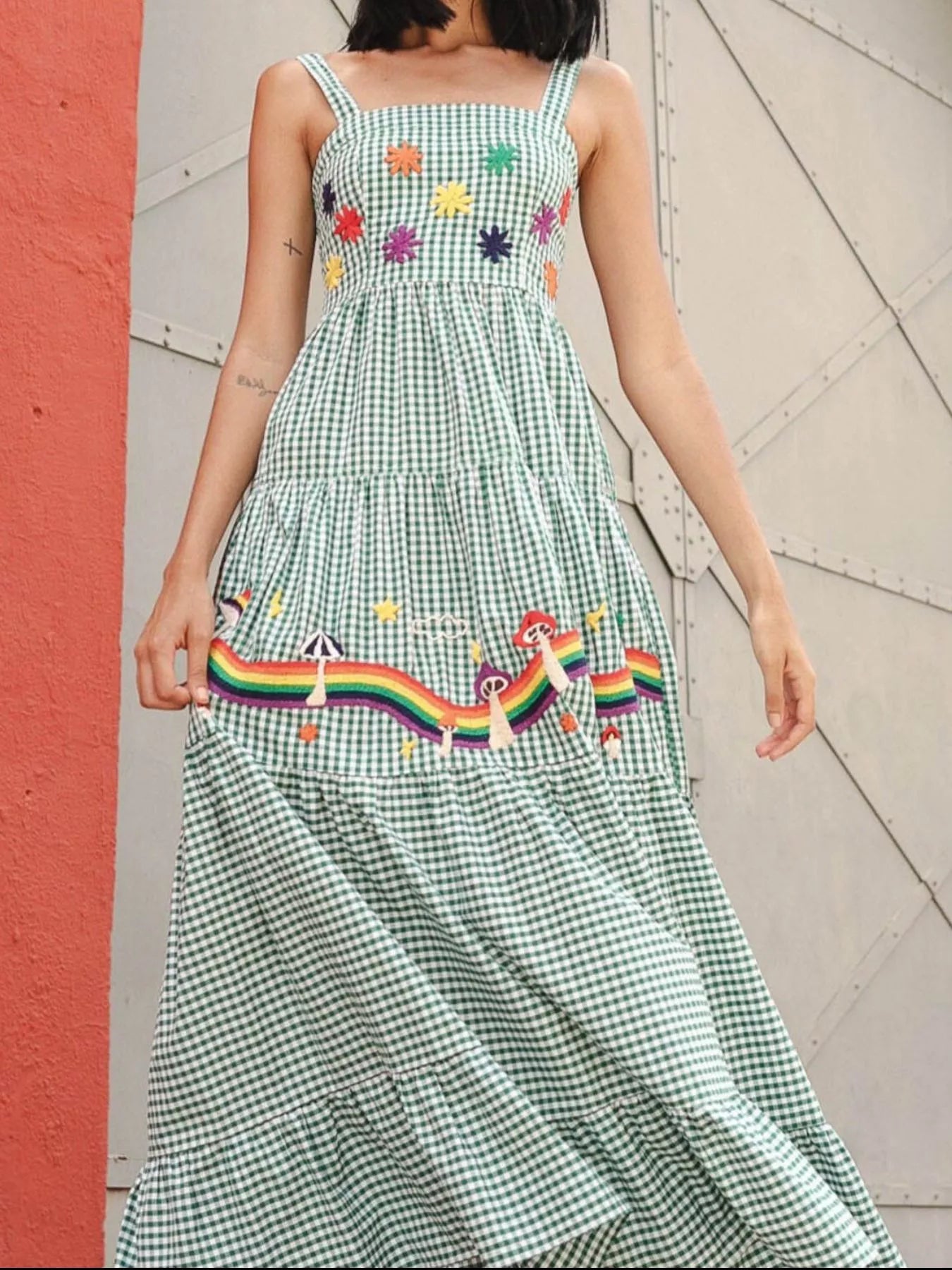 Embroidered Square Neck Tiered Maxi Cami Dress Green Stripes OutfitFlow