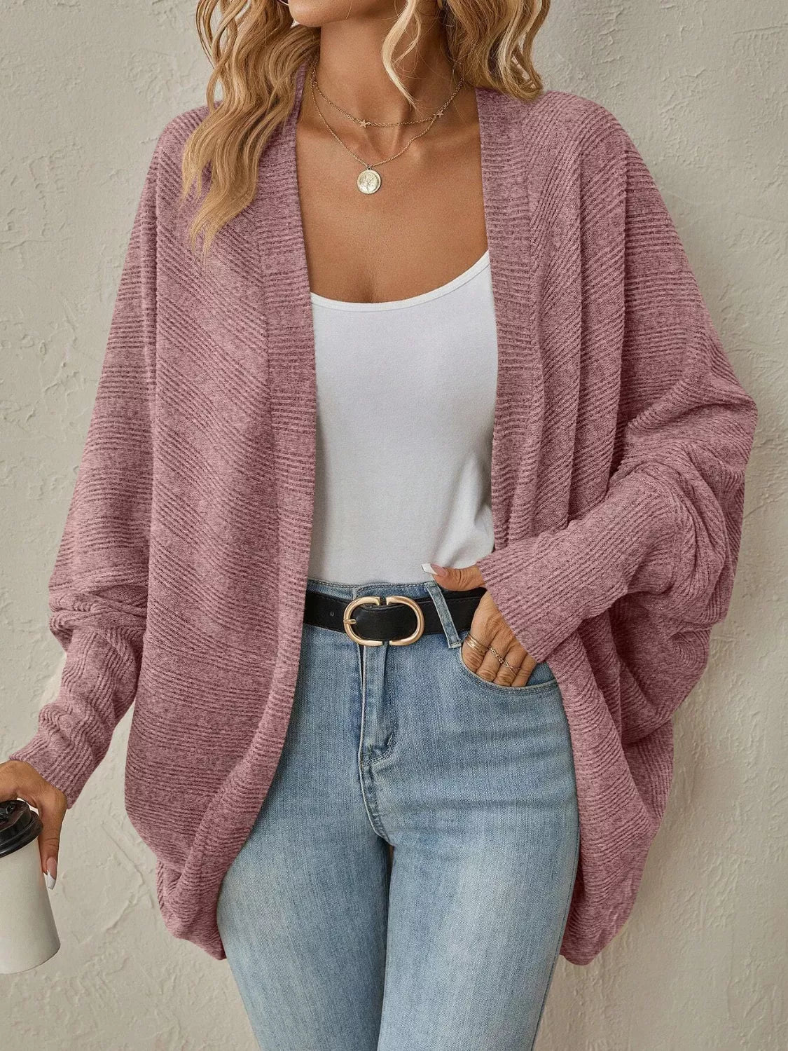 Casual Knit Open Front Cardigan Dusty Pink Trendsi