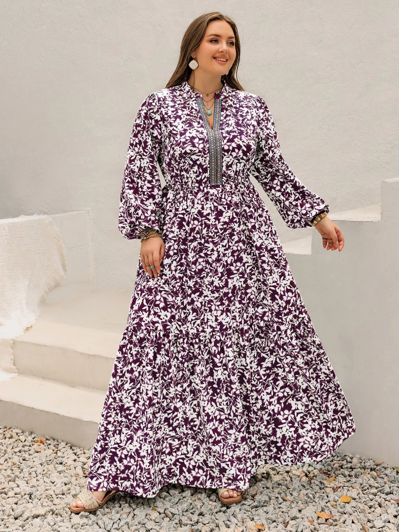 Plus Size Floral Print Maxi Dress with Long Sleeves OutfitFlow