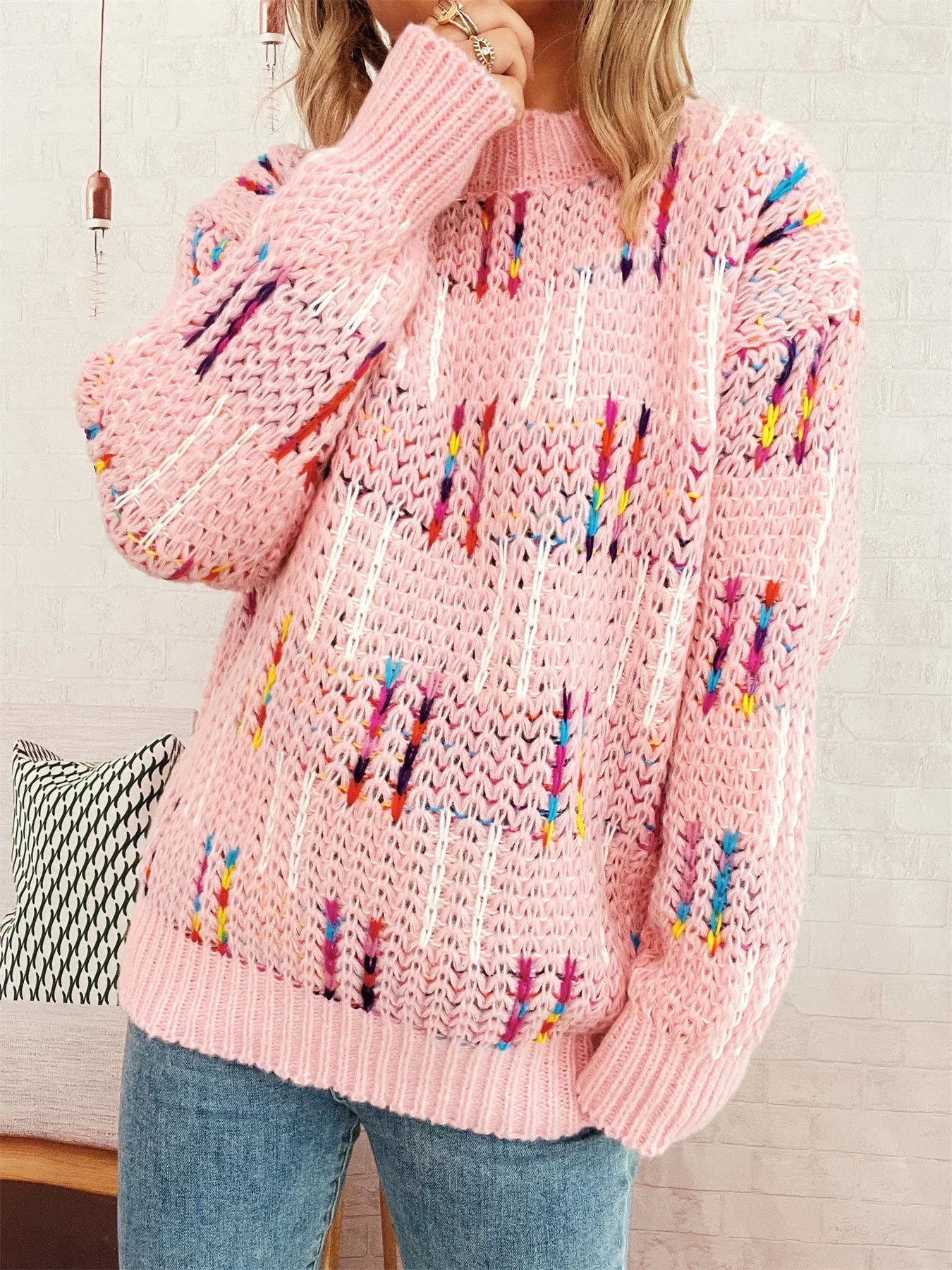 Colorful Round Neck Long Sleeve Sweater Pink One Size OutfitFlow