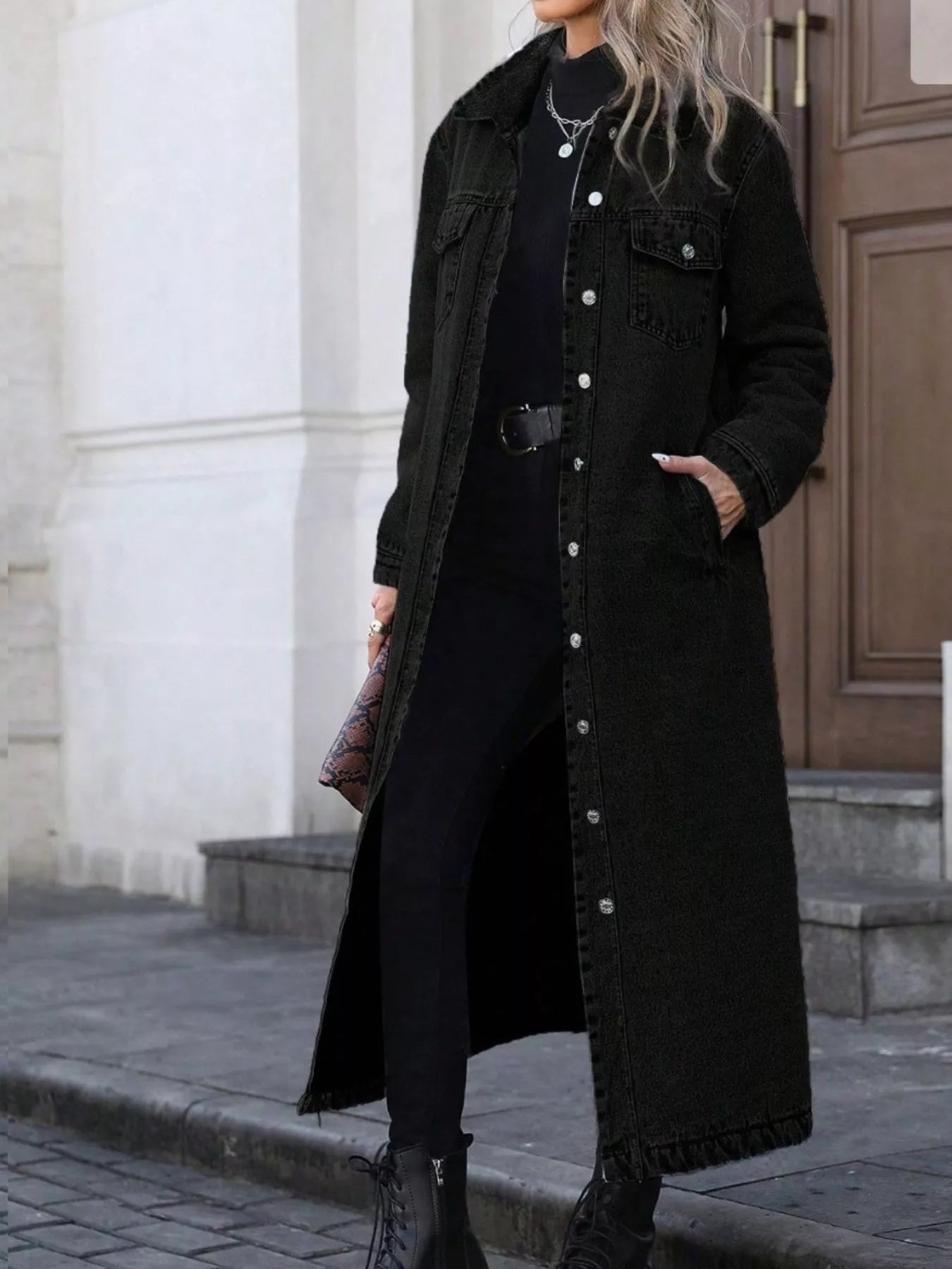 Longline Button-Front Denim Jacket OutfitFlow