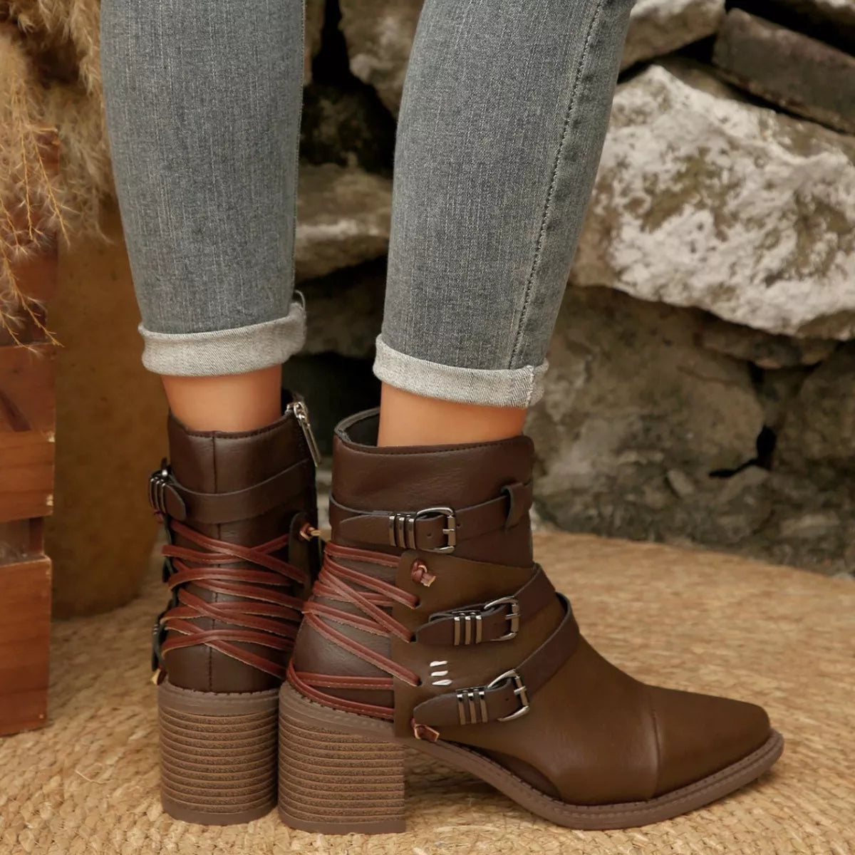 Point Toe Buckle Strap Ankle Boots with Block Heels Trendsi