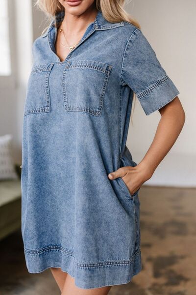 Short Sleeve Collared Patched Pocket Denim Mini Dress OutfitFlow