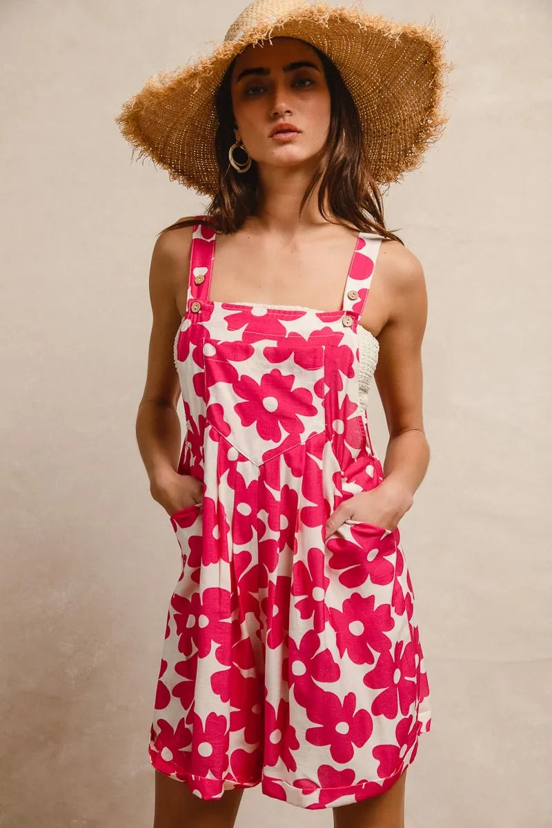 BiBi Floral Prints Tuck Detail Short Overall With Pockets OutfitFlow